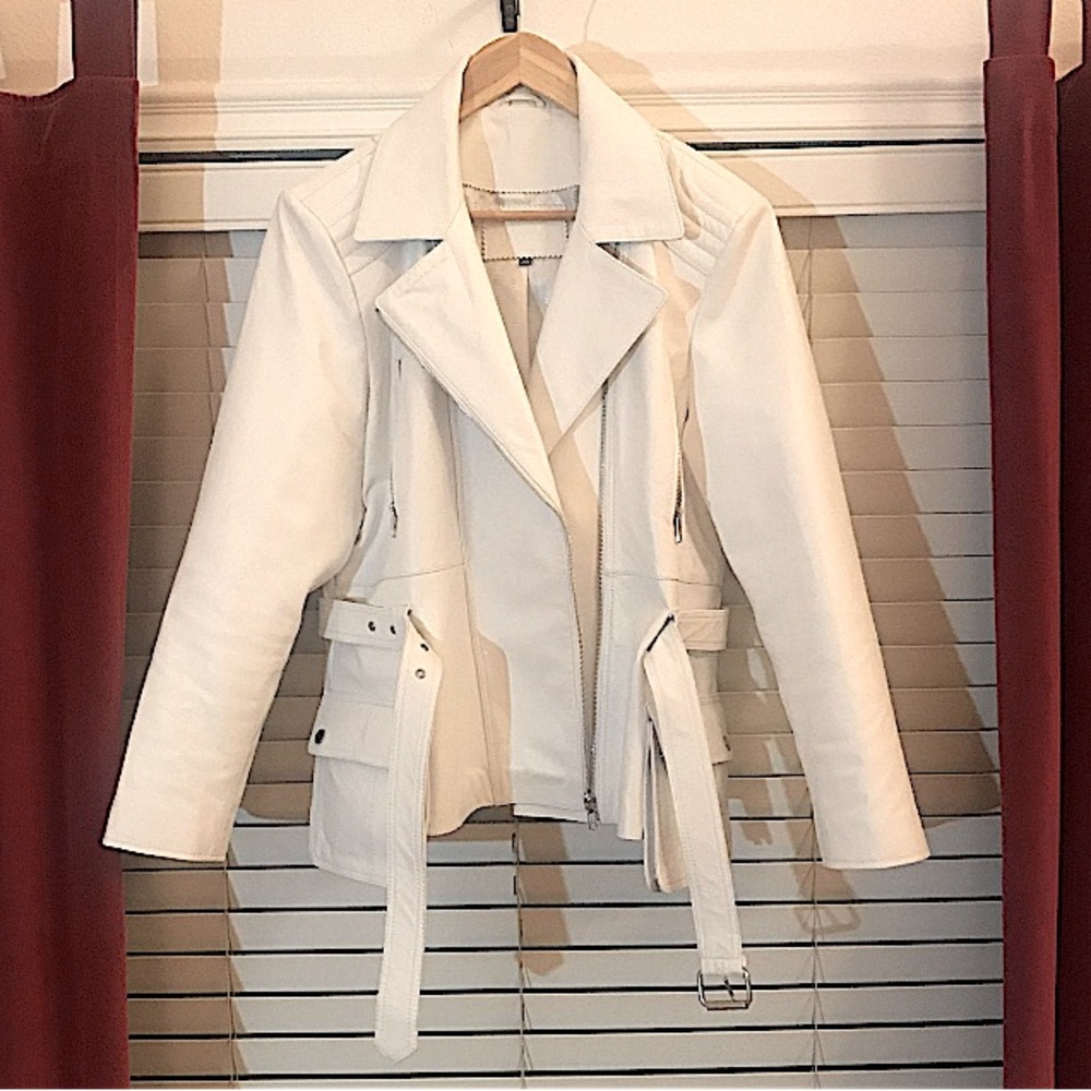Unisex White Leather Motorcycle Jacket